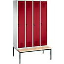 Vestiaire Evolo S 3000, acier, avec banc intégré, 4 compartiments, l. 300 mm chacun, serrure de sécurité à came batteuse, gris clair RAL 7035/rouge rubis RAL 3003
