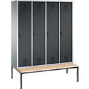 Vestiaire Evolo S 3000, acier, banc, 4 compartiments, l. 400 mm chacun, came batteuse, alu blanc RAL 9006/anthracite RAL 7016