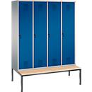 Vestiaire Evolo S 3000, acier, banc, 4 compartiments, l. 400 mm chacun, came batteuse, alu blanc RAL 9006/bleu gentiane RAL 5010