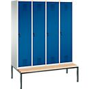 Vestiaire Evolo S 3000, acier, banc, 4 compartiments, l. 400 mm chacun, came batteuse, gris clair RAL 7035/bleu gentiane RAL 5010