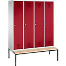 Vestiaire Evolo S 3000, acier, banc, 4 compartiments, l. 400 mm chacun, serrure à cylindre, gris clair RAL 7035/rouge rubis RAL 3003