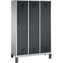 Vestiaire Evolo S 3000, acier, sur pieds, 3 compartiments, serrure à cylindre, alu blanc RAL 9006/anthracite RAL 7016