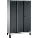 Vestiaire Evolo S 3000, acier, sur pieds, 3 compartiments, serrure de sécurité à came batteuse, alu blanc RAL 9006/anthracite RAL 7016