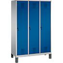 Vestiaire Evolo S 3000, acier, sur pieds, 3 compartiments, serrure de sécurité à came batteuse, alu blanc RAL 9006/bleu gentiane RAL 5010