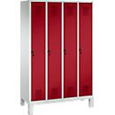 Vestiaire Evolo S 3000, acier, sur pieds, 4 compartiments, l. 300 mm chacun, came batteuse, gris clair RAL 7035/rouge rubis RAL 3003