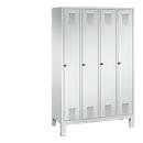 Vestiaire Evolo S 3000, acier, sur pieds, 4 compartiments, l. 300 mm chacun, serrure à cylindre, gris clair RAL 7035/gris clair RAL 7035