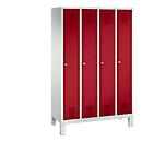 Vestiaire Evolo S 3000, acier, sur pieds, 4 compartiments, l. 300 mm chacun, serrure à cylindre, gris clair RAL 7035/rouge rubis RAL 3003
