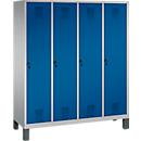 Vestiaire Evolo S 3000, acier, sur pieds, 4 compartiments, l. 400 mm chacun, came batteuse, alu blanc RAL 9006/bleu gentiane RAL 5010