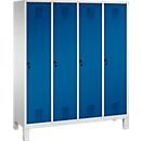 Vestiaire Evolo S 3000, acier, sur pieds, 4 compartiments, l. 400 mm chacun, came batteuse, gris clair RAL 7035/bleu gentiane RAL 5010