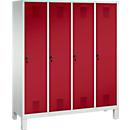 Vestiaire Evolo S 3000, acier, sur pieds, 4 compartiments, l. 400 mm chacun, came batteuse, gris clair RAL 7035/rouge rubis RAL 3003