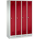 Vestiaire Evolo S 3000, acier, sur socle, 4 compartiments, l. 300 mm chacun, serrure à cylindre, gris clair RAL 7035/rouge rubis RAL 3003