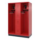 Vestiaire pompiers C+P Evolo Maxi, 4 compartiments pour 2 personnes, avec porte-casque, avec socle, L 1300 x P 600 x H 1950 mm, RAL 3000 rouge feu/RAL 7016 gris anthracite