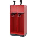 Vestiaire pompiers C+P Evolo Youngster, 2 compartiments, avec porte-casque, avec socle, L 800 x P 500 x H 1630 mm, RAL 3000 rouge feu/RAL 7016 gris anthracite