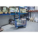 Vierwandige trolley, staal/MDF-plaat, decor gentiaanblauw/beuken, L 850 x B 450 mm, verwijderbare langswanden, TPE-wielen met EasySTOP, tot 400 kg
