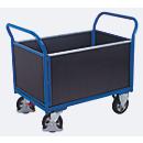 Vierwandige wagen, staal/zeefdrukplaat, gentiaanblauw/donkerbruin, L 995 x B 650 mm, verwijderbare langswanden, massief rubberen zwenkwielen met EasySTOP, 1000 kg