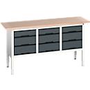 Werkbank Boot verso, met multiplex blad, 9 laden, B 1750 x D 600 x H 830 - 930 mm, RAL 7035 lichtgrijs / RAL 7016 antracietgrijs