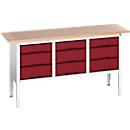 Werkbank Boot verso, met multiplex bovenblad, 9 laden, B 1750 x D 600 x H 830 - 930 mm, RAL 7035 lichtgrijs / RAL 3004 paarsrood
