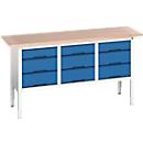 Werkbank Boot verso, met multiplex bovenblad, 9 laden, B 1750 x D 600 x H 830 - 930 mm, RAL 7035 lichtgrijs / RAL 5010 gentiaanblauw