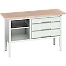 Werkbank Bott verso, multiplexplaat, 3 laden &amp; 1 legbord, B 1500 x D 600 x H 830 - 930 mm, RAL 7035 lichtgrijs