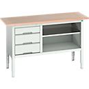 Werkbank Bott verso, multiplexplaat, 3 laden &amp; 1 legbord, B 1500 x D 600 x H 830 - 930 mm, RAL 7035 lichtgrijs