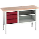 Werkbank Bott verso, multiplexplaat, 3 laden &amp; 1 legbord, B 1500 x D 600 x H 830 - 930 mm, RAL 7035 lichtgrijs / paarsrood