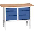 Werkbank Bott verso, multiplexplaat, 6 laden, B 1250 x D 600 x H 830 - 930 mm, RAL 7035 Lichtgrijs / Gentiaanblauw