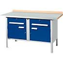 Werkbank met kasten Schäfer Shop Select PWi 150-0, ESD, beuken multiplexplaat, met stalen deksel, tot 750 kg, B 1500 x D 700 x H 840 mm, lichtgrijs/ gentiaanblauw