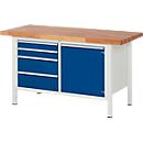 Werkbank serie 8470, 4 schuiflades, 1 legbord met deur, B 1250 x D 700 x H 840-1040 mm