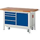 Werkbank serie 8470, neerlaatbaar, verrijdbaar, 4 schuiflades en legbord, B 1500 x D 700 x H 880 mm