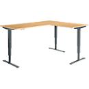 Winkelschreibtisch AERO FLEX, elektrisch höhenverstellbar, 90° Winkel, T-Fuß, B 2000 x T 1600 mm, Buche/anthrazit + Memorypanel