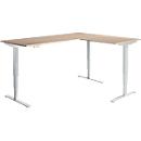 Winkelschreibtisch AERO FLEX, elektrisch höhenverstellbar, 90° Winkel, T-Fuß, B 2000 x T 1600 mm, Eiche/weißalu + Memorypanel
