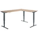 Winkelschreibtisch AERO FLEX, elektrisch höhenverstellbar, 90° Winkel, T-Fuß, B 2000 x T 2000 mm, Eiche/anthrazit + Memorypanel