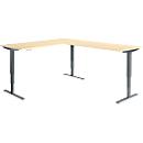 Winkelschreibtisch AERO FLEX, elektrisch höhenverstellbar, 90° Winkel, T-Fuß, B 2000 x T 2400 mm, Ahorn/anthrazit + Memorypanel