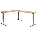 Winkelschreibtisch AERO FLEX, elektrisch höhenverstellbar, 90° Winkel, T-Fuß, B 2000 x T 2400 mm, Buche/anthrazit + Memorypanel