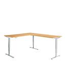 Winkelschreibtisch AERO FLEX, elektrisch höhenverstellbar, 90° Winkel, T-Fuß, B 2000 x T 2400 mm, Buche/weißalu + Memorypanel