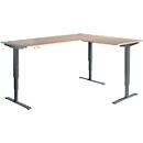 Winkelschreibtisch AERO FLEX, elektrisch höhenverstellbar, 90° Winkel, T-Fuß, B 2000 x T 2400 mm, Eiche/anthrazit + Memorypanel