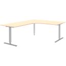 Winkelschreibtisch BARI 90°, T-Fuß, Freiformtisch, Winkel links, B 1800 x T 1000/800 x H 680-820 mm, Ahorn/Alu