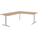 Winkelschreibtisch BARI 90°, T-Fuß, Freiformtisch, Winkel links, B 1800 x T 1000/800 x H 680-820 mm, Eiche/Alu
