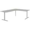 Winkelschreibtisch BARI 90°, T-Fuß, Freiformtisch, Winkel links, B 1800 x T 1000/800 x H 680-820 mm, hellgrau/Alu