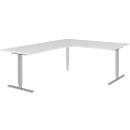 Winkelschreibtisch BARI 90°, T-Fuß, Freiformtisch, Winkel links, B 1800 x T 1000/800 x H 680-820 mm, weiß/Alu