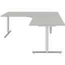 Winkelschreibtisch BARI 90°, T-Fuß, Freiformtisch, Winkel rechts, B 1800 x T 1000/800 x H 680-820 mm, hellgrau/Alu