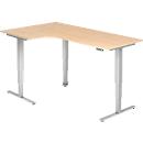 Winkelschreibtisch ULM, elektrisch höhenverstellbar, 90° Winkel links, T-Fuß, B 2000 x T 1200 x H 625-1275 mm, Ahorn/weißalu + Memoryschalter