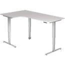 Winkelschreibtisch ULM, elektrisch höhenverstellbar, 90° Winkel links, T-Fuß, B 2000 x T 1200 x H 625-1275 mm, lichtgrau/weißalu + Memoryschalter