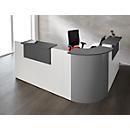Winkeltheke Come-In, rund, L 2125 x B 2525 mm, weiss, 3 Ablagen in Graphit, Eckelement alusilber 