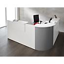 Winkeltheke Come-In, rund, L 2125 x B 2525 mm, weiss, 3 Ablagen in Weiss, Eckelement alusilber 