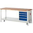 Workbench series 8162, height adjustable, mobile, 4 drawers, W 2000 x D 700 x H 880 mm