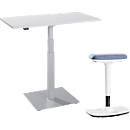 2-delige bureaumeubelset, monokolom bijzettafel Start Off, elektrisch in hoogte verstelbaar, aluminium lichtgrijs/wit + stahulp Timmi 