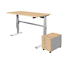 2-delige kantoormeubelset, STANDARD bureau, elektrisch in hoogte verstelbaar, ahorn/blank aluminium RAL 9006