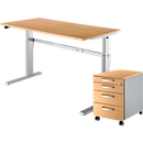 2-tlg. Büromöbel-Set, Schreibtisch STANDARD, elektrisch höhenverstellbar, Buche/weissaluminium RAL 9006