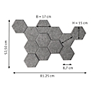 Akoestische wandelementen - polyester - 6-hoekig - geluiddemper klasse C - B 170 x H 150 mm - grijsgevlamd viltoptiek - set van12 st.